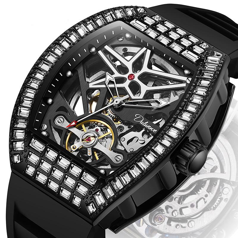 Luxury Automatic Men Watches Trend Diamond Tonneau Case Mechanical Clock Luminous Waterproof Silicone Strap Mens Reloj Hombre