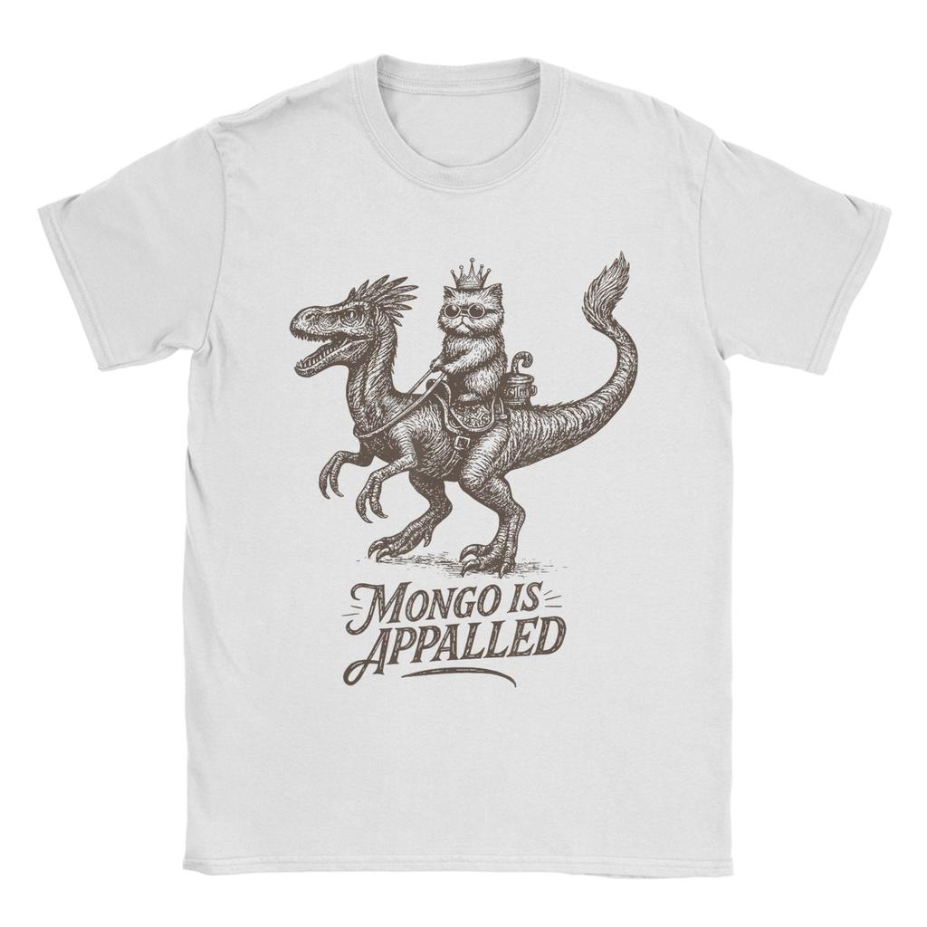 Cat Riding Dinosaur Meme Funny Mongo is Appalled T Shirts Men Cotton Fashion for Male TShirt Round Neck Tees Short Sleeve