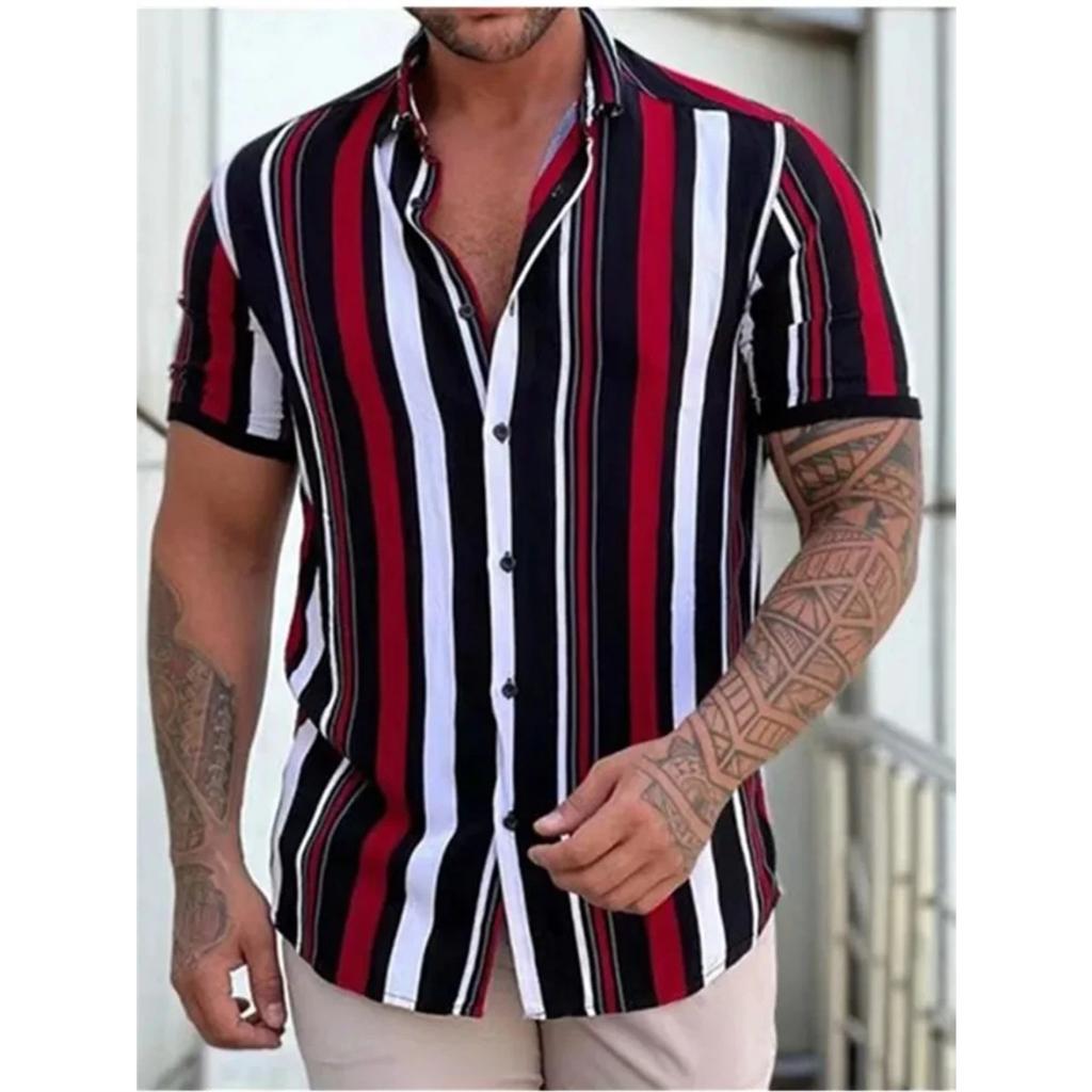 Men's Hawaiian Shirt 3D Stripe Print Short Sleeve Summer Loose Casual Large Size Simple Fashion Lapel Button Men's Tops