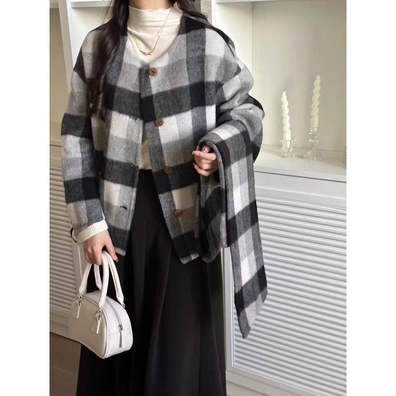 

Осенне-зимнее милое клетчатое двухстороннее шерстяное пальто с шарфом, повседневное и универсальное шерстяное пальто для невысоких женщин M