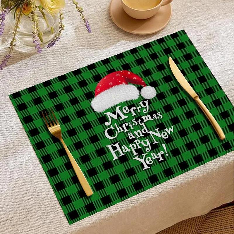 Christmas Linen Placemat Green Checkered Placemat Dining Table Utensil Heat-resistant Heat-insulating Mat Furniture Decoration