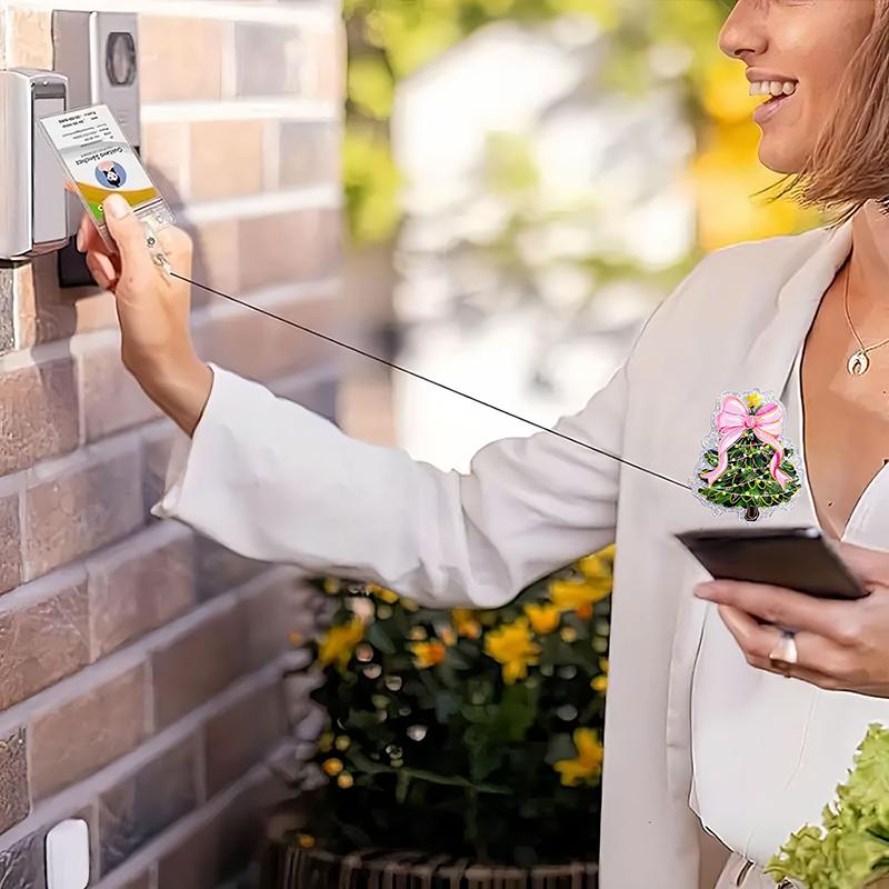 Glitter Acrylic Christmas Tree Badge Clip Retractable Keychain With Card Holder For Party Gift