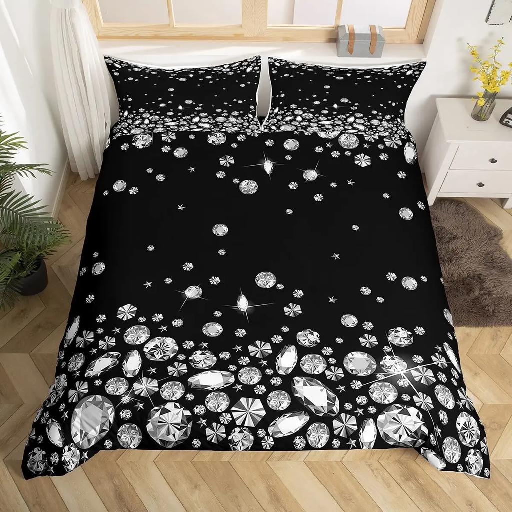Silver Glitter Duvet Cover Set Queen Diamond Star Bedding Set for Kids Teens Girls Room Decor Bling Party Theme Comforter Cover