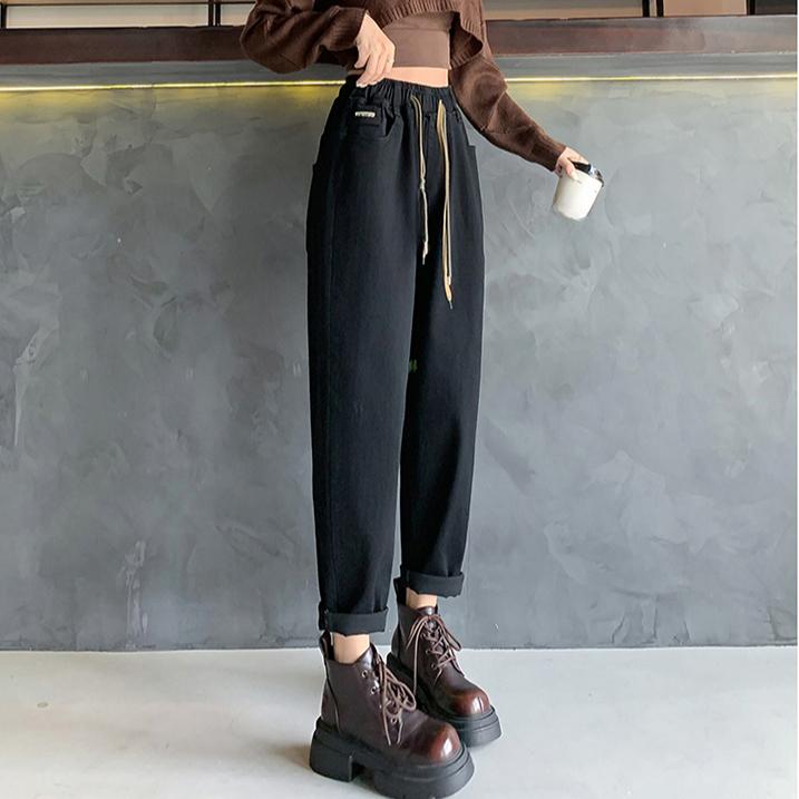 DIMANAF 2024 Autumn Women Jeans Pants Belt High Waist Elastic Buttons Basic Trousers Long Pants