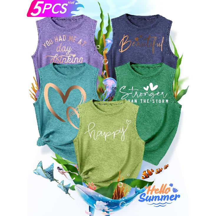 2026New Women's vest5Pieces Letter Heart Gold Foil Print Simple, Stylish, Casual, Versatile, Comfortable, Soft, Skin-friendly Spring/summer Top S-XXL