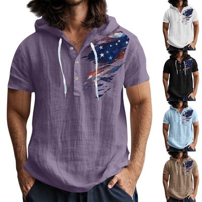 Men'S Casual Short Sleeved Hooded Top Buttoned Open Neck T-Shirt