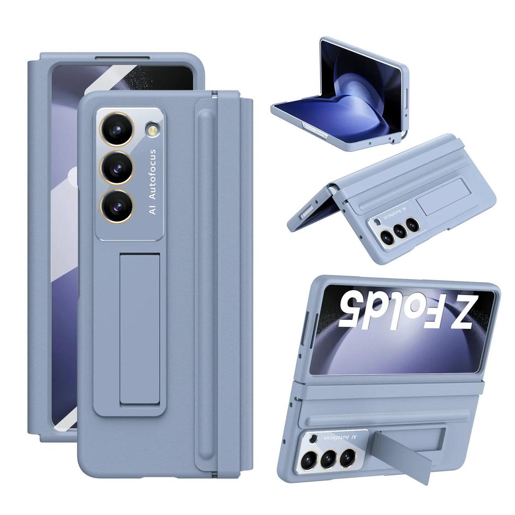 Luxury Leather With Holder Fold5 Fold6 Hinge Protector Case For Samsung Galaxy Z Fold 6 5 4 5G With Glass Screen Protector Cover