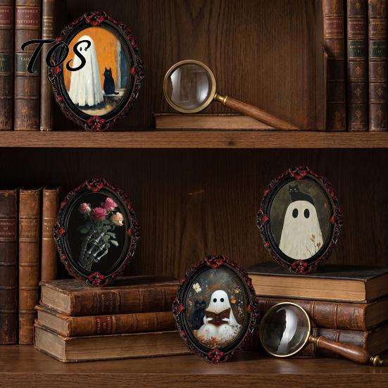 Decorative Magnetic Photo Holders Halloween Wooden Refrigerator Magnets, Vintage Gothic Oval Frame Fridge Magnets with Witch Ghost Decors Castle Art,