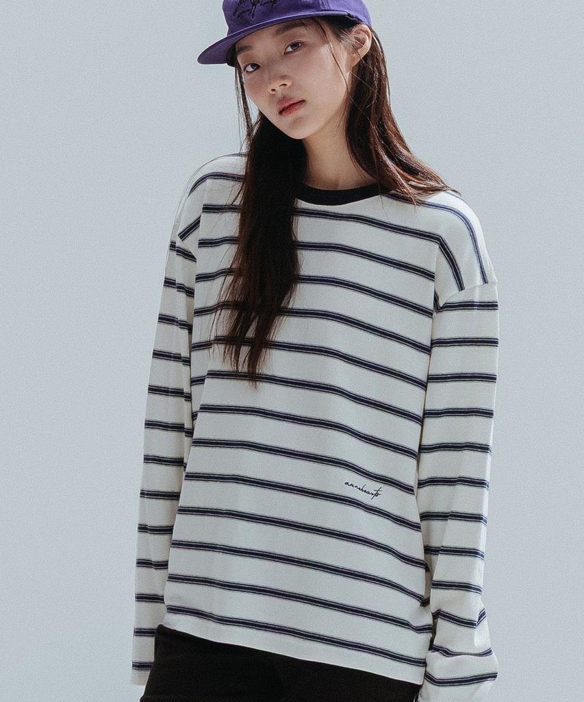 ANNEHEARTS Round Neck Stripe Tee_Ivory