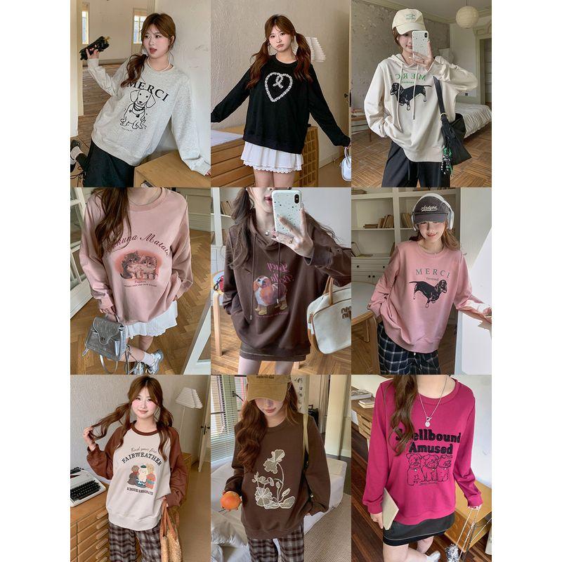 Maxi Chubby plus Size Print round Neck Long Sleeves Sweatshirt Women's Autumn Plus Size Ladies Loose Slim Looking Casual Hooded Top