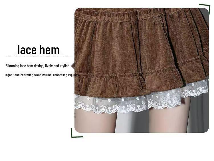 Lace-Trimmed A-Line Flare Skirt for Women - High Waist, Slimming, Sweet Style for Autumn/Winter 2025