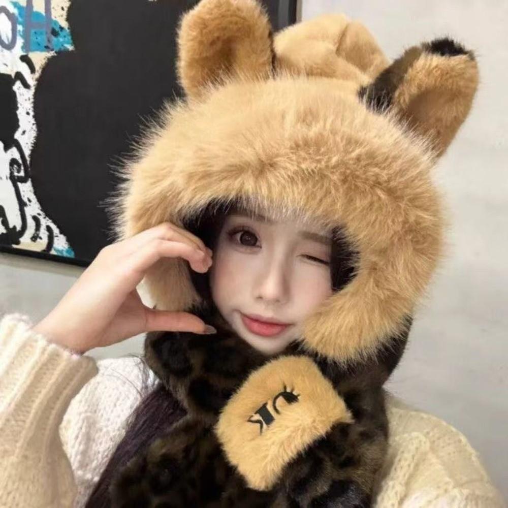 Thick Warm Lining Fox Ear Hat Scarf Faux Fur Plush Winter Scarf Hooded Scarf Set  Cold Weather