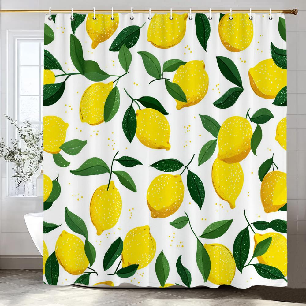 Lemon, Strawberry, Peach Tropical Fruit Shower Curtain, Bathroom Decorative Shower Curtain, Print Polyester Curtain With Hooks