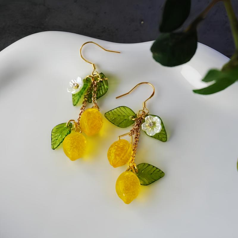 Czech glass lemon earrings Light weight fruit food earrings can love Kawaii earrings Pastoral earrings for her birthday present