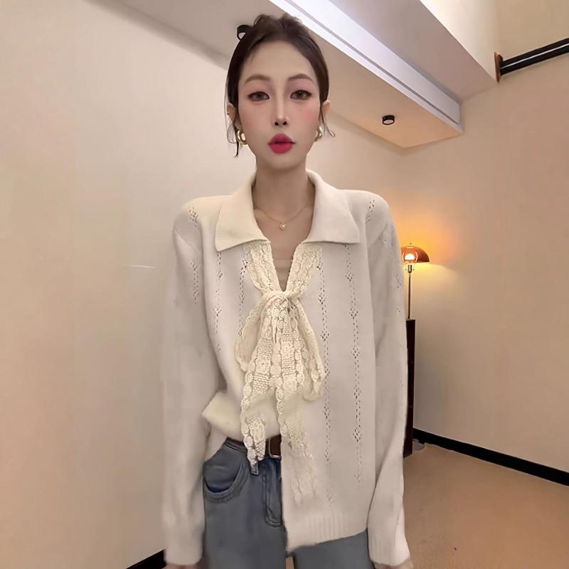 Spring Autumn Lace Pachwork Hollow Out Knitting Bandage Cardigan Sweater Women Sweet Casual Knitting Top
