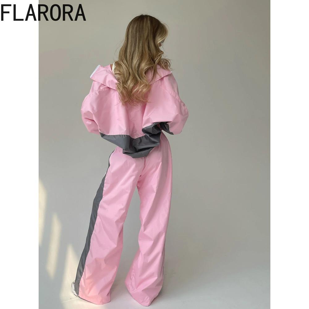 FLARORA Mode Color-Blocking 2-teilige Sets Damen Langarm Reißverschluss Lockere Jacken und Gerade Bein Hosen Outfits Street Trainingsanzüge