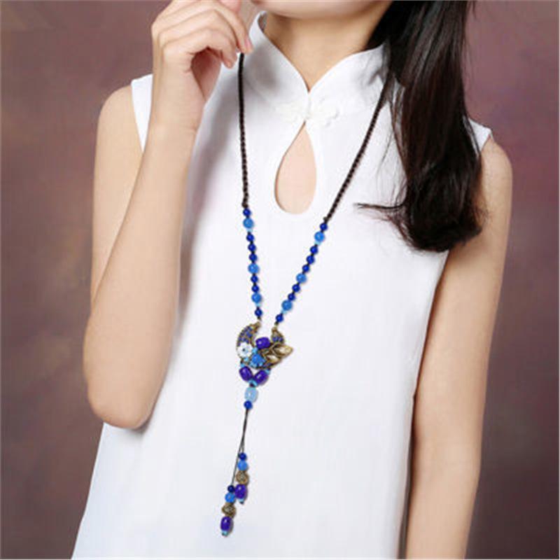 GEMCHIC Women s Vintage Blue Glass Bead Long Sweater Necklace with Tassel Pendant Ethnic Boho Statement Jewelry S