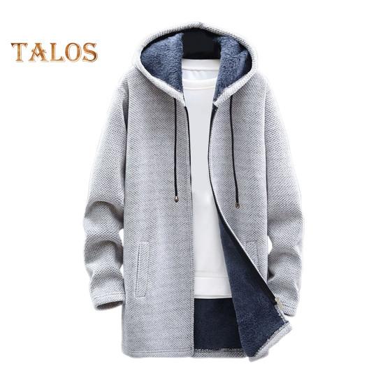 Men Winter Coat Hooded Drawstring Long Sleeve Plush Lining Mid-length Knitting Coat Zipper Placket Thickened Knitwear