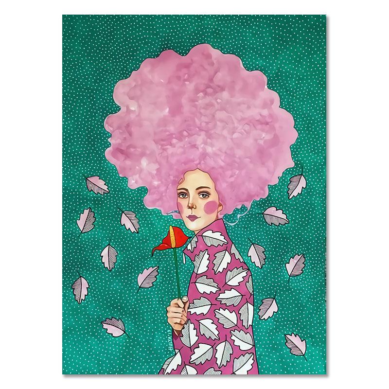 Moderne kvinner Fargerike blomsterhår Pike Veggkunst Lerretsmaling Nordisk plakat Vintage veggbilder til stuen