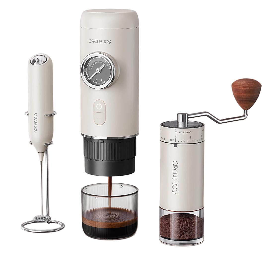 

Circle Joy Portable Coffee Machine, Car-Use Italian Espresso Semi-Automatic Home Outdoor Camping Hand-Cranked Grinder, 3-Piece Set, Type-C білий