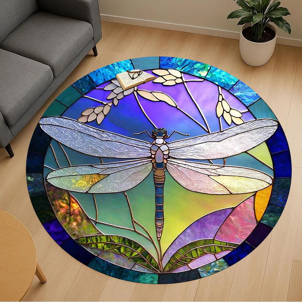1pc Dragonfly Stained Glass Round Chair mat office Area Rug - Non-Slip, Floor Mat for Office, Bedroom, Ideal home decor gift c0112035