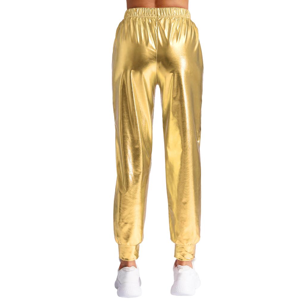 Damen Metallic Tanzhose Hoher Bund Elastischer Bund Lockerer Schnitt Sporthose Glänzender Schimmer Moderne Hose