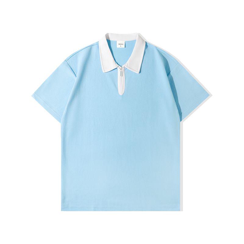 

It Makes Me Look Elegant! 230G Heavy Weight Dark Green American Patchwork Contrast Color Half Zipper Polo Shirt Short Sleeve T-shirt Summer Sky Blue White S