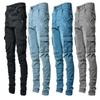 Slim Fit-Jeansoverall mit mehreren Taschen im europäischen Stil für Herren – lässige, trendige, elastische Skinny-Hose