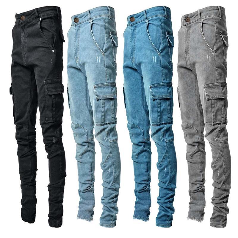Pánské džínové lacláče evropského stylu slim fit s více kapsami - Ležérní trendy elastické úzké kalhoty
