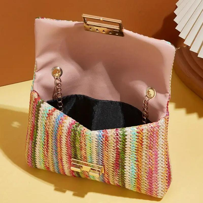 Multi Colored Striped Straw Clutch Handbag for Women Casual PU Leather Weave Summer Beach Purse Crossbody Shoulder Messenger Bag