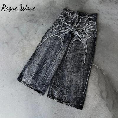 RogueWave Y2K Phantom Jeans High Street Spider Embroidered Patch Hip Hop Streetwear Gothic Retro Oversized Baggy Fit Unisex Mopping Pants