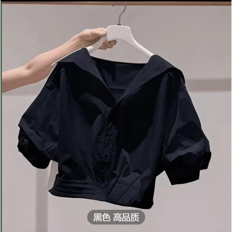 Fanan Chemise d'été à revers et manches bouffantes pour femme Coupe ample Top court Chemisier pour femme