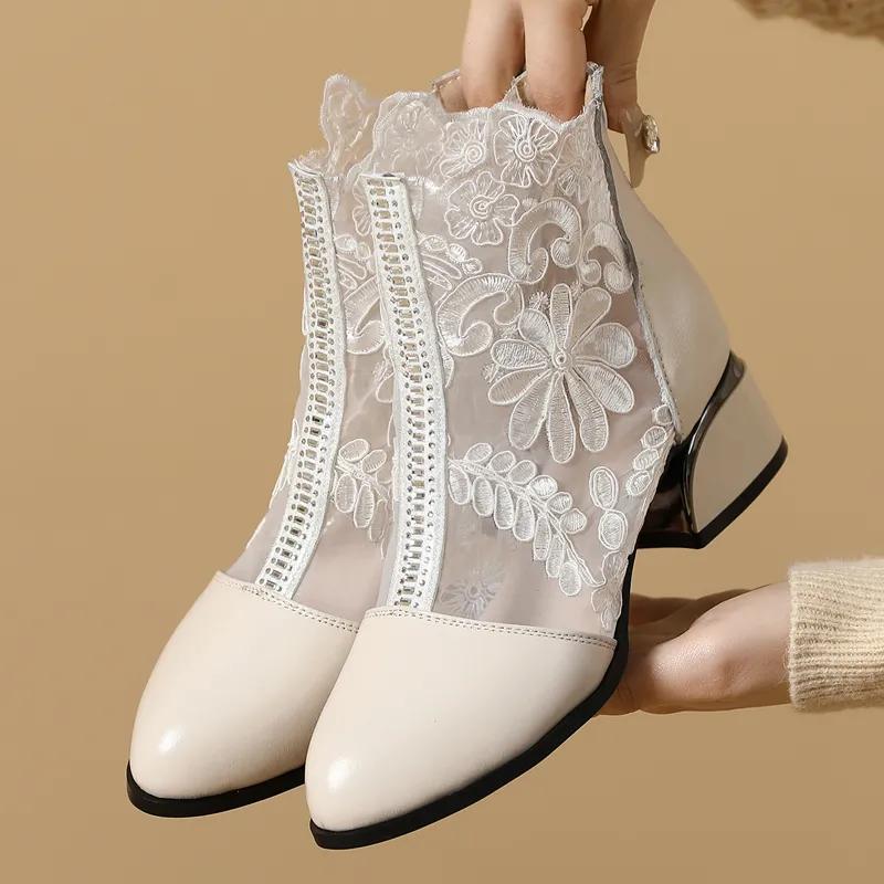 Fashion GKTINOO Women's Shoes Lace Genuine Cow Leather Spring Summer Fashion Boots Thick Heel Round Toe Ankle Boots Shoe Plus Size 35-43