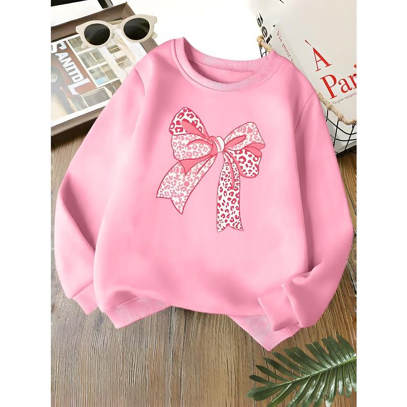 Kids Unisex Pink Crewneck Sweatshirt, Pink Leopard Print Bow Graphic Print Long Sleeve Pullover, Soft Sweatshirt for Boys Girls Over 4 Years Old
