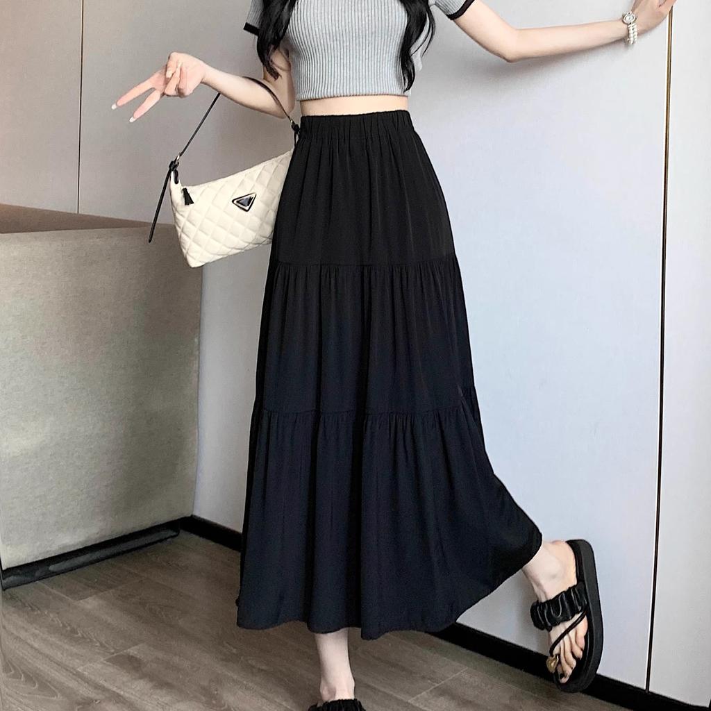 Black High-waisted A-line Mid Skirt Women's Spring Autumn Elegant White Long Pleated Skirts