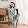 Yaoting leopard print satin chiffon pajamas women's spring and autumn short-sleeved trousers silk printed loungewear outer wear 1991