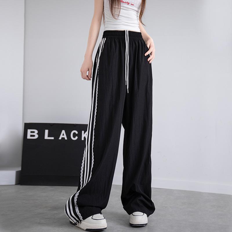 Lace striped sweatpants women's autumn new loose wide-leg straight casual quick-drying black wide-leg pants