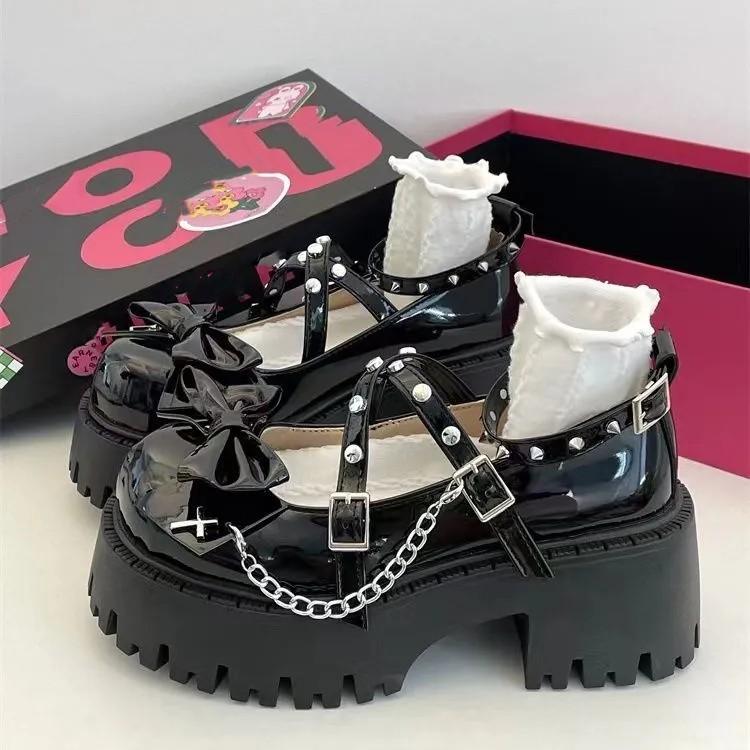 Scarpe basse da donna giapponesi a bocca bassa con fondo spesso, piccole scarpe in pelle con fiocco rialzato, scarpe singole