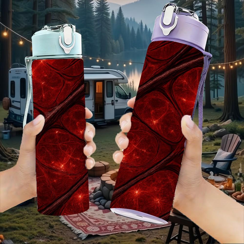 1PC Red Vein Dark Marble Texture Print 750ml Color Plastic Sports Water Bottle Leakproof Flip Straw Lid Suitable for Sports Office Home Use
