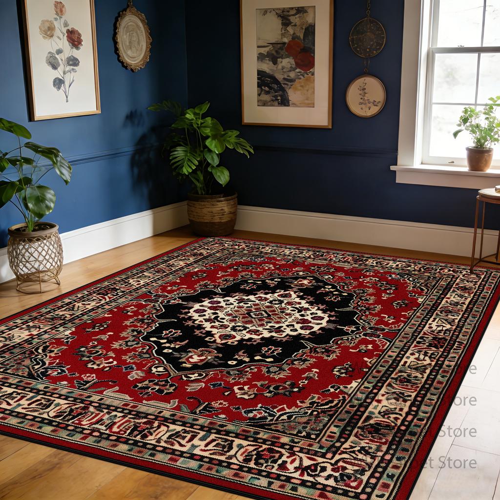 Retro Red Living Room Carpet Flower Pattern Decoration Large Area Soft Rug Bedroom Dining Room Washable Non-slip Mat Pile Fabric