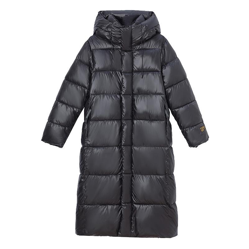 Commuting temperament glossy long cotton-padded clothes women's big fur collar hooded cotton-padded jacket, over the knee long horizontal grid press