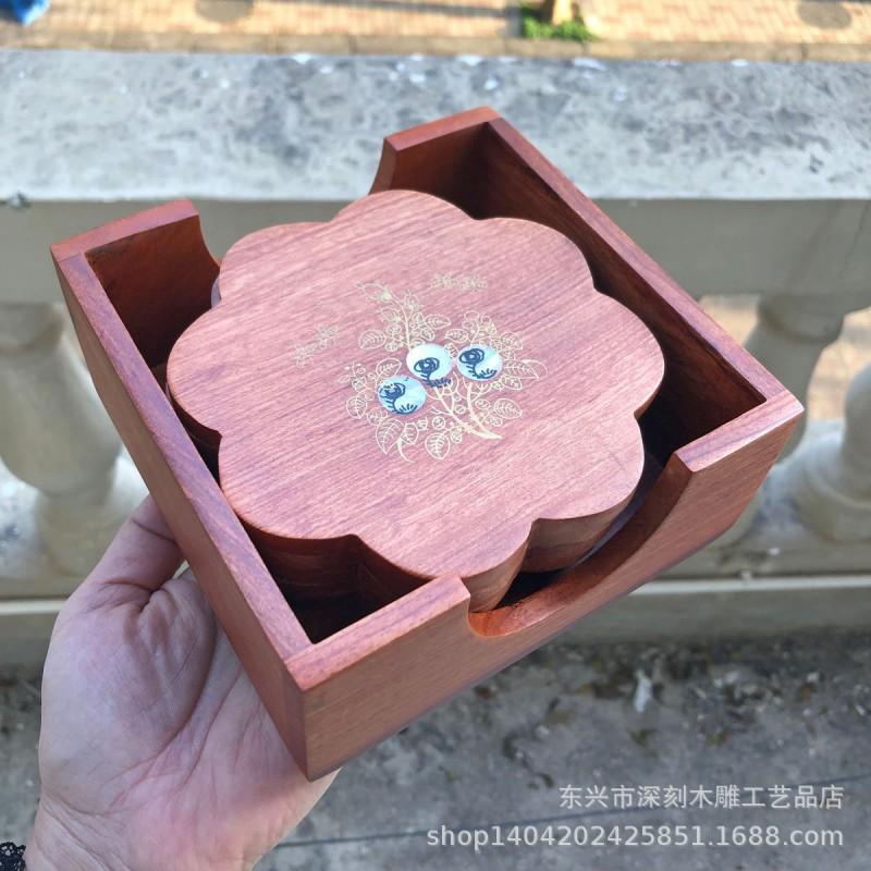 Wooden Coaster Set Tea Cup Table Mat Heat Resistant Handcrafted Floral Carved Dining Accessory Modern Minimalist