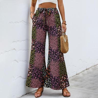 Women's New Summer Trousers Lace-up Printed Temperament High Waist Wide Leg Trousers