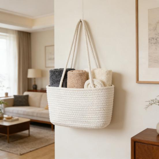 Rope Woven Storage Basket Boho Foldable Washable Hanging Baskets Multi-Tier Wall Mounted Organizer for Kitchen Produce Nursery Decor