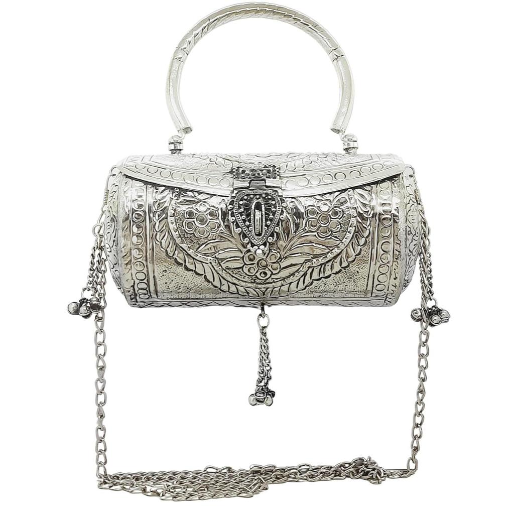 Women's Silver Brass Metal Handle Clutch Handmade Antique Ethnic Hand Clutch