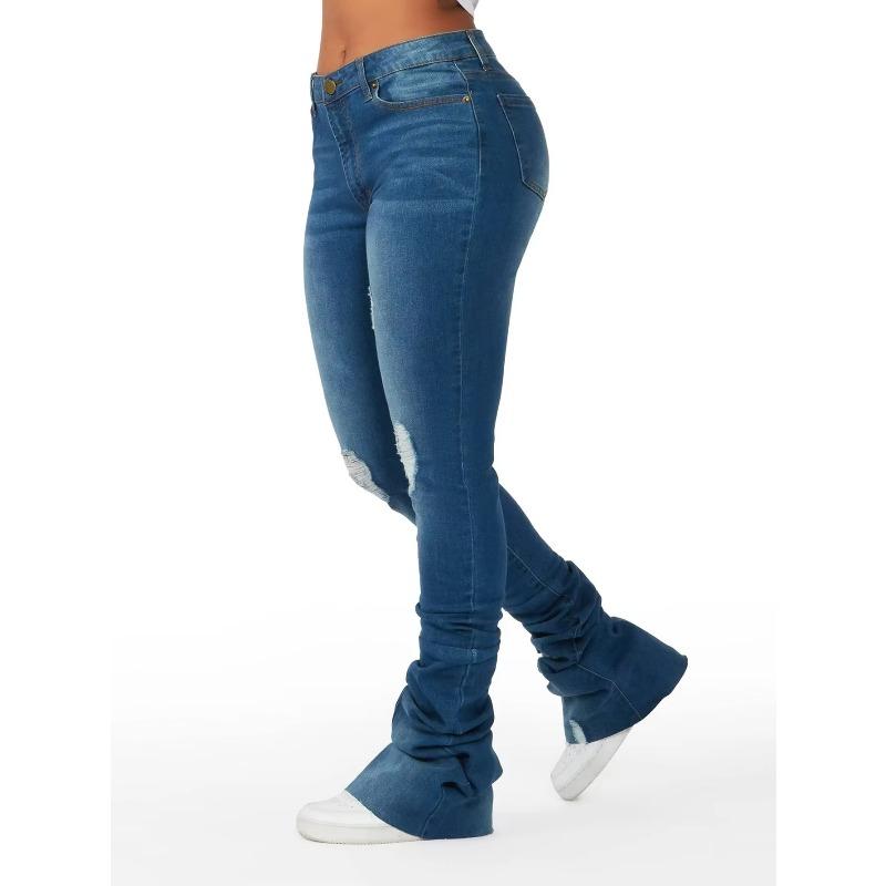VibeStreet Washed Denim Straight Pants Women Ankle Length Jean Ripped Hole Distressed Pockets Solid Casual Skinny Vintage High Waist
