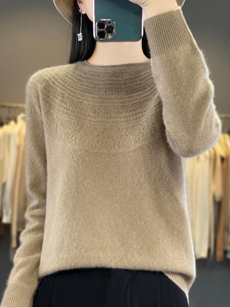 Autumn/Winter Women's Loose Knit Pullover: Long Sleeve, Rolled Hem, Round Neck Base Layer.
