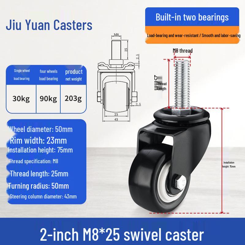 Black Heavy-Duty Swivel Casters with Brakes for Furniture, Cabinets & Industrial Use, Double Bearing Wheels