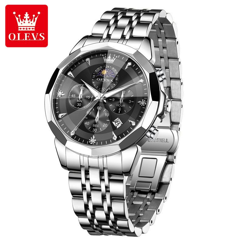 OLEVS Mens Watch Original Business Brand Quartz Watch Rhombus Mirror Waterproof Luminous Automatic Date Moon Phase Watch