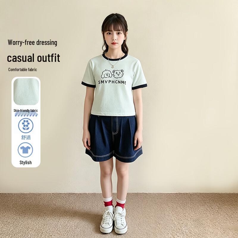 Frog Prince Girls  Summer Cartoon T-shirt & Denim Shorts Set 160